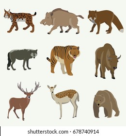 Set of forest animals. Bear, bison, wild boar, fox, wolf, llama, lynx, moose