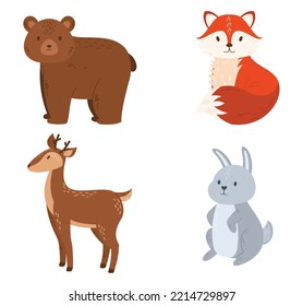 Set Of Forest Animals Bear, Fox, Deer And Rabbit Isolated On White Background. Cute Funny Woodland Creatures For Kids Game Or Book. Cartoon Kawaii Scandinavian Style Personages. Vector Illustration