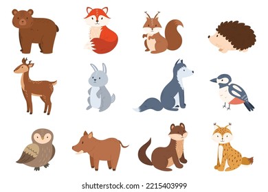 Set of Forest Animals Bear, Fox, Deer And Rabbit. Squirrel, Hedgehog, Wolf And Bird, Owl, Lynx, Boar, Ferret Or Weasel Cute Characters Isolated on White Background. Cartoon Vector Illustration, Icons