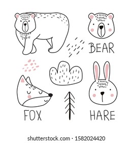 Set of forest animals bear, hare, Fox on white background, Scandinavian design. Vector illustration for printing on fabric, postcard, dishes, packaging, clothing. Cute baby background.