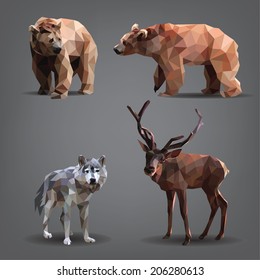 Set of forest animals: bears, deer, wolf. Vector illustration