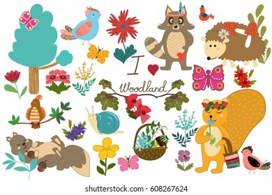 Set with forest animals and birds. Funny squirrel, raccoon, hedgehog, butterflies and plants. Hand-drawn Cartoon... Vector illustration.