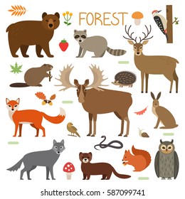 Set Of Forest Animals, Birds And Plants In A Cartoon Style. Flat Vector Illustration Isolate On A White Background