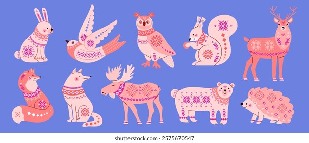 Set of forest animals and birds in stylized simple form: fox, wolf, bear, hare, owl, hedgehog, deer, elk, squirrel. Vector cute illustration for design of knitted goods, postcards, packaging, sticker.