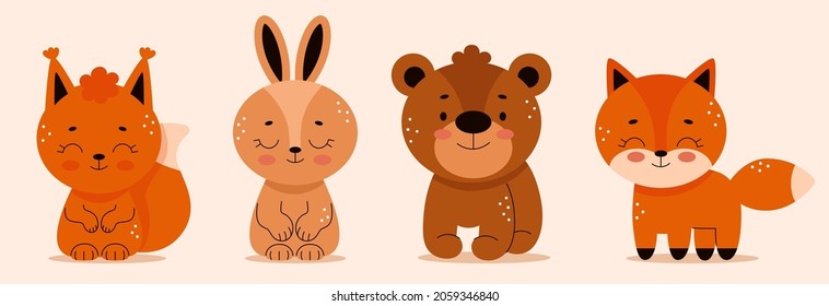 Set of forest animals in cartoon style, hedgehog, bear, hare, fox, beaver, bear, owl. Woodland. Cute vector illustration for kids.