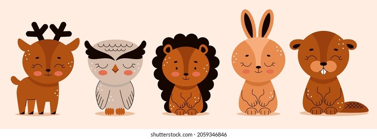 Set of forest animals in cartoon style, hedgehog, bear, hare, fox, beaver, bear, owl. Woodland. Cute vector illustration for kids.