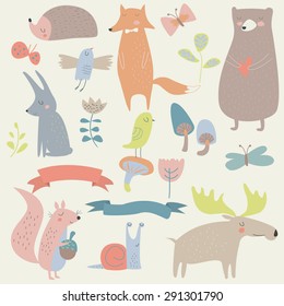 Set of forest animals in cartoon style. Cute hedgehog, birds, bear, fox, hare, mushrooms, elk, snail, squirrel, butterflies and flowers
