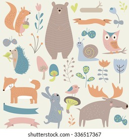 Set of forest animals in cartoon style. Cute hedgehog, birds, bear, fox, hare, mushrooms, elk, snail, squirrel, butterflies and flowers