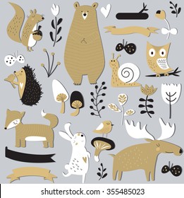 Set of forest animals in cartoon style. Cute hedgehog, birds, bear, fox, hare, mushrooms, elk, snail, squirrel, butterflies and flowers