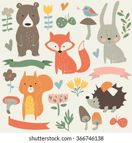 Set of forest animals in cartoon style. Cute hedgehog, birds, bear, fox, hare, mushrooms, elk, snail, squirrel, butterflies and flowers