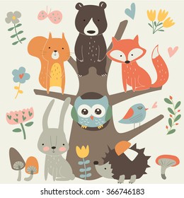 Set of forest animals in cartoon style. Cute hedgehog, birds, bear, fox, hare, mushrooms, elk, snail, squirrel, butterflies and flowers