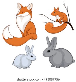A set of forest animals in an a cartoon style. A fox, a squirrel, a pair of rabbits