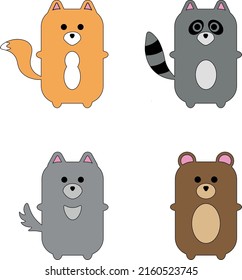 Set of forest animals characters (bear, wolf, fox, raccoon). Cute cartoon stickers in geometric style