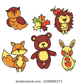 Set of Forest animals in contour style with color, sketch. Animals bear, fox, hare, hedgehog, owl, leaf. Cute hand-drawn cartoon illustration. Elements of doodles by hand with autumn colors