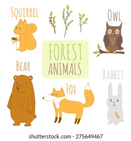 Set of forest animals. Cute colorful vector zoo. Isolated illustration with bear, squirrel, fox, rabbit and owl