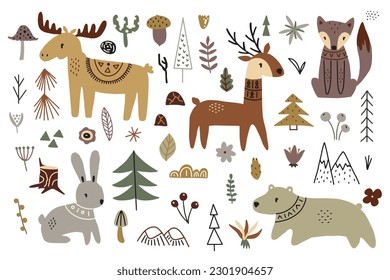 Set of forest animals. Cute fox, bear, deer, elk, rabbit. Ideal for scrapbooking, postcards, posters, tags, stickers. Hand drawn vector illustration.