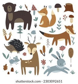 Set of forest animals. Cute fox, bear, deer, hedgehog, rabbit. Ideal for scrapbooking, postcards, posters, tags, stickers. Hand drawn vector illustration.