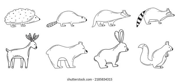Set of forest animals in doodle style. Cute hedgehog, squirrel, deer, bear, hare, beaver, raccoon. Vector illustration.