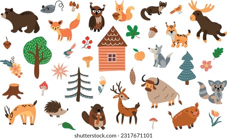 Set of forest animals. Drawn style. White background, isolate. Vector illustration.