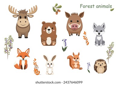 Set of forest animals: elk, wild boar, bear, wolf, fox, hare, squirrel, hedgehog