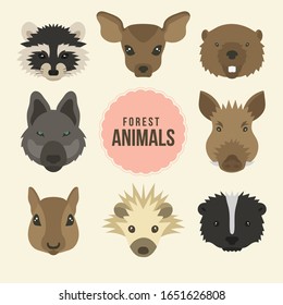Set of forest animals faces isolated icons