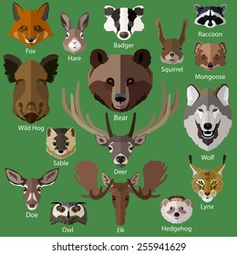Set of forest animals faces isolated icons. Flat style design. Vector illustration.