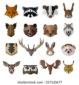 Set of forest animals faces isolated icons. Flat style design. Vector illustration.