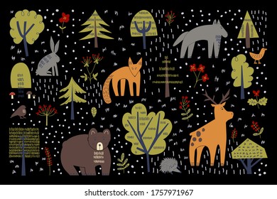 Set of forest animals in flat style. Childish vector illustration on dark background