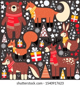 Set of forest animals (fox, bear, hare, deer, squirrel, wolf). Christmas design for card, banners, posters and other.