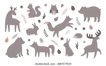 A set of forest animals. Fox, bear, hare, hedgehog, squirrel, deer, moose, owl. Vector illustration
