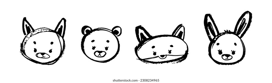 Set forest animals. Fox, bear, rabbit, wolf. Sketch Hand Drawn Animal. Vector print for children room, fabric, paper, greeting card, postcard, card, t shirt, poster, textile. Vector