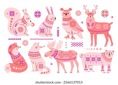 Set of forest animals: fox, wolf, bear, elk, deer, squirrel, owl, hare in Scandinavian northern style with ornament in pink color. Vector simple folklore illustration for postcards, toy packaging.