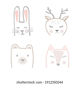 Eine Reihe von Waldtieren im skandinavischen Stil. Cartoon, Vektorgrafik, die einen Fox, Hare, Deer und Bär zum Drucken auf Stoff, Postkarte, Geschirr, Kleidung, Buch darstellt. Geräumiger, kuscheliger Hintergrund.