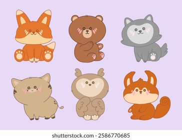 Set of forest animals in kawaii style. Fox, bear, wolf, wild boar, owl, squirrel. Adorable character cartoon vector illustration for stickers, childrens books, postcards, keychains, branding