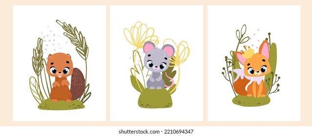 Set forest animals. Kids poster. beaver, mouse, fox. Vector print for children room, fabric, paper, greeting card, postcard, card, t shirt, poster, textile. Vector illustration