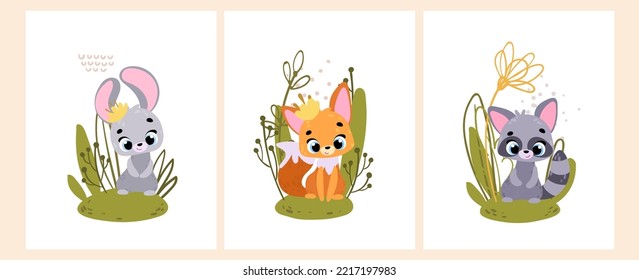 Tiere in den Wald legen. Kinder Poster. Hasen, Fuchs, Mardermohn. Vektorgrafik für Kinderzimmer, Stoff, Papier, Grußkarte, Postkarte, Karte, T-Shirt, Poster, Textilien. Vektorgrafik