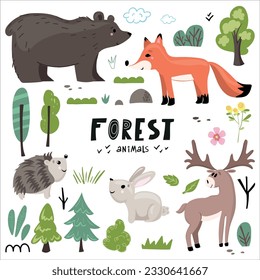 Set of forest animals made in flat style vector. Zoo cartoon collection for children book and posters. Bear, fox, here, hadgehog, deer