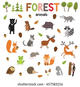 Set of forest animals made in flat style vector. Zoo cartoon collection for children books and posters.