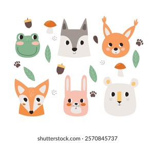 Set of forest animals. Minimalistic cartoon style. Isolated elements on a white background. Design for kids, children's goods.