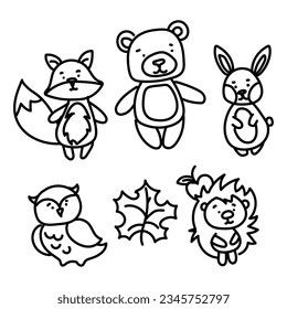 A set of forest animals is a monochrome collection in the style of a sketch. Animals bear, fox, hare, hedgehog, owl, leaf. Cute hand-drawn cartoon illustration. Elements of doodles by hand