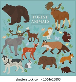 Set of forest animals on a blue background