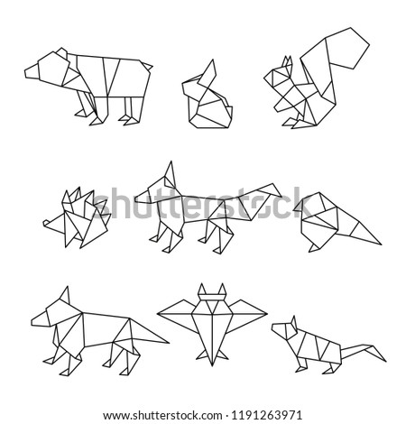 Set of forest animals in origami style. Bear, rabbit, squirrel, hedgehog, fox, bird, wolf, owl and rat isolated on white background. Collection of flat line icon. Vector illustration.