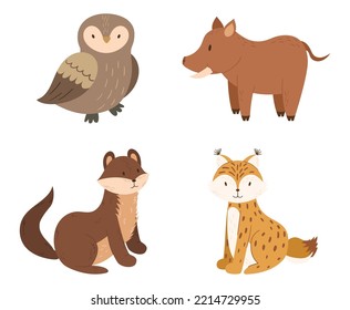 Set of Forest Animals Owl, Lynx, Boar, Ferret or Weasel Kawaii Personages Isolated on White Background. Cute Funny Woodland Wildlife Creatures for Kids Game or Book. Cartoon Vector Illustration, Icons