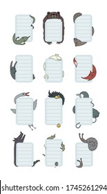 Set of forest animals paper notes cute cartoon lizard, bear, beaver, hare, snake, fox, stork, hedgehog, catfish, wolf, mouse, snail Vector paper notes, calendar. Sticker paper note. Scandinavian style