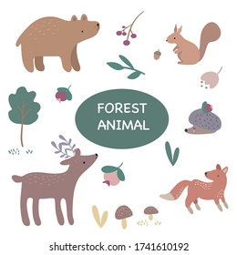 Set of forest animals and plants in a cartoon style. Flat vector illustration isolate on a white background.