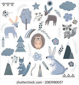 Set forest animals and plants in scandinavian style. Children hand drawn vector illustration. 