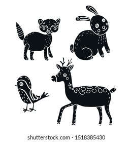Set of forest animals. Raccoon, hare, bird and deer. Vector illustration.