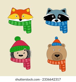 Set of forest animals in a scarf and hat. Isolated icons, badges, elements raccoon, bear, fox, hedgehog. cute cartoon characters.