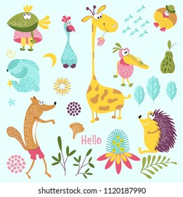 Set of forest animals. Sly Fox, hedgehog, Mr. bird, Pelican, rabbit, crow, giraffe, flower. Suitable for children's room decoration, book, cloth, postcard