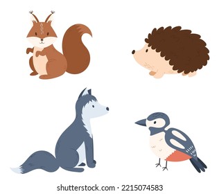 Set of Forest Animals Squirrel, Hedgehog, Wolf and Bird Isolated on White Background. Kawaii Woodland Kids Characters, Cute Funny Creatures for Game or Book. Cartoon Vector Illustration, Icons